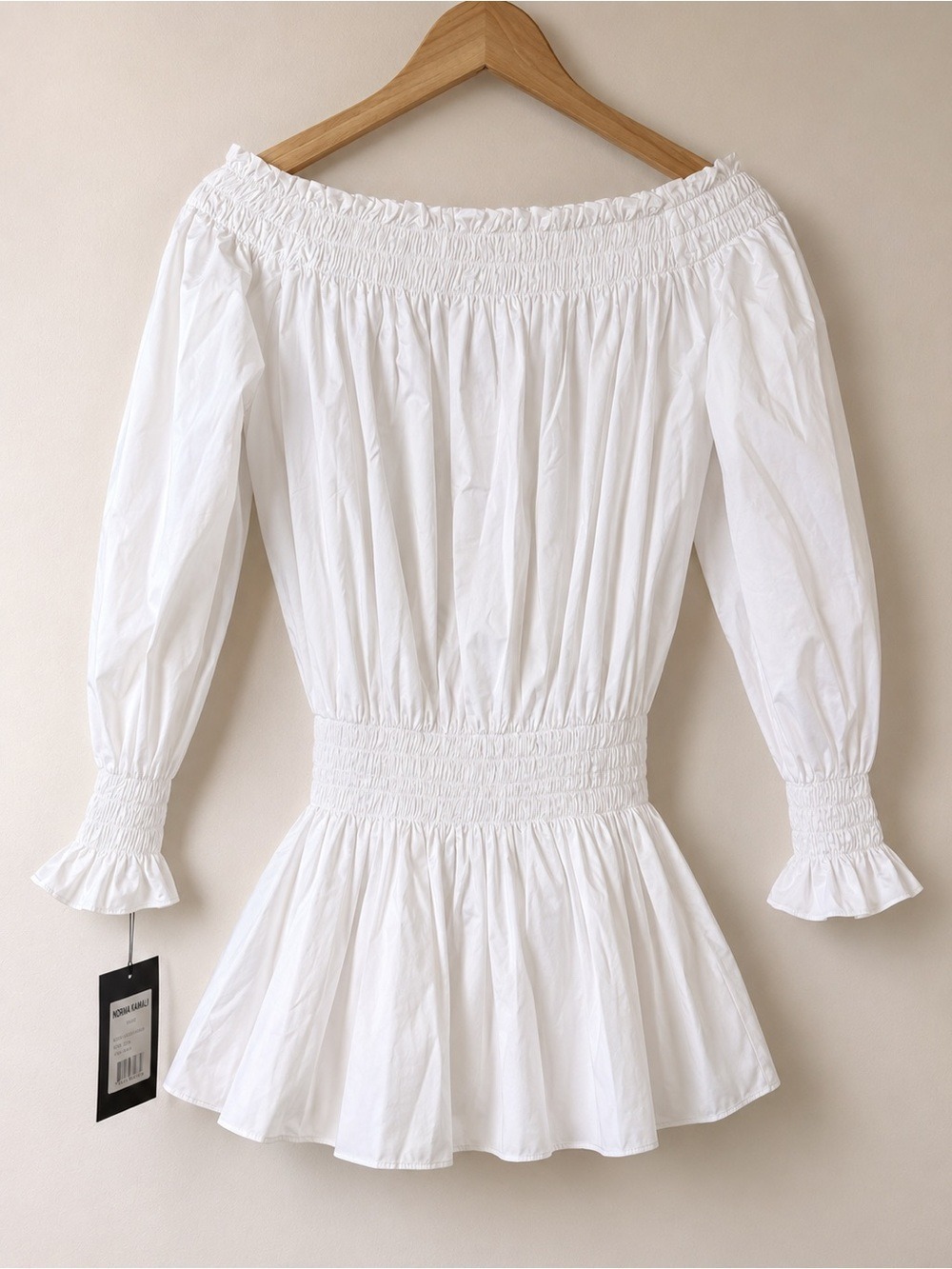 NWT Norma Kamali Peasant Dress White XS Off Shoulder Smocked Cotton Mini - Picture 5 of 9